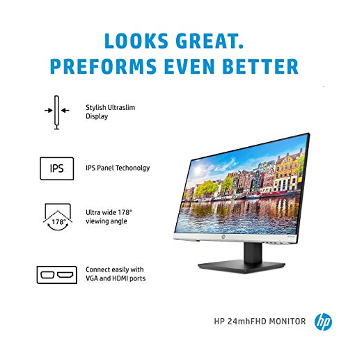 HP 24mh FHD Computer Monitor with 23.8-Inch IPS Display (1080p) - Built-In Speakers and VESA Mounting - Height/Tilt Adjustment for Ergonomic Viewing - HDMI and DisplayPort - (1D0J9AA#ABA)